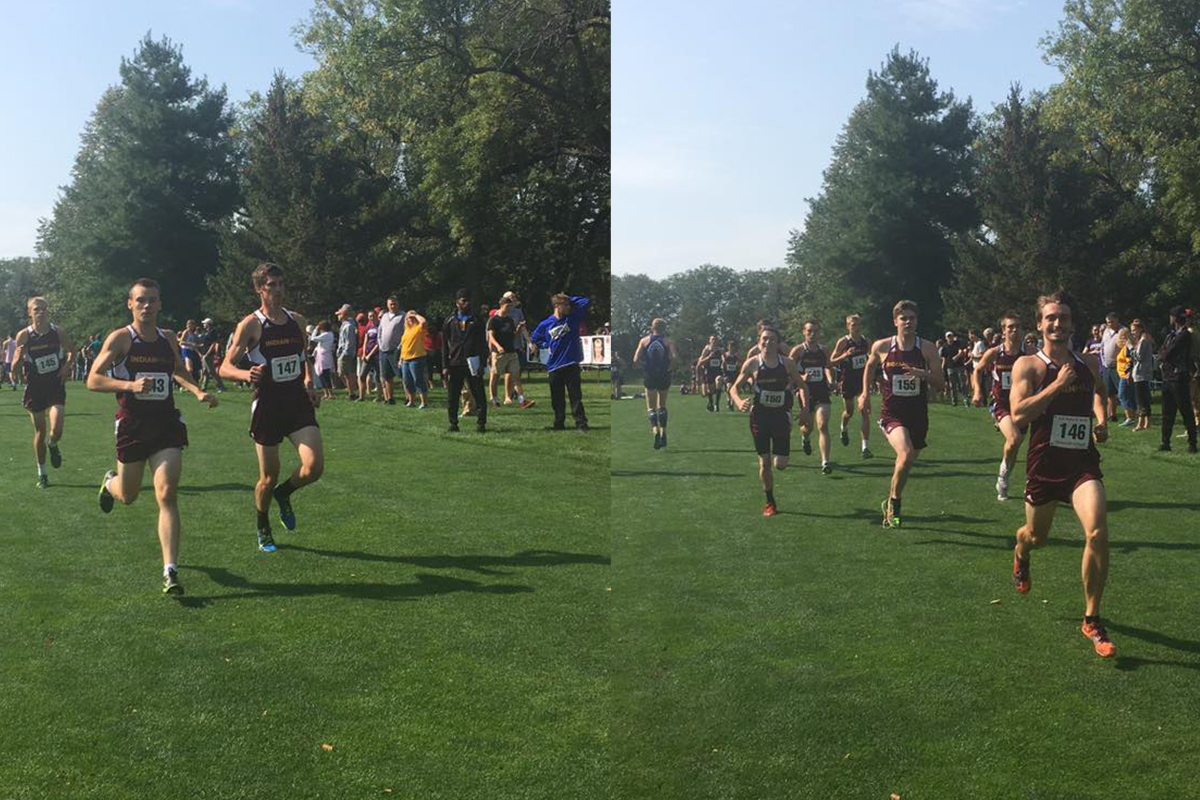 Men's Cross Country runners, running to the finish line at the Les Duke Invitational.